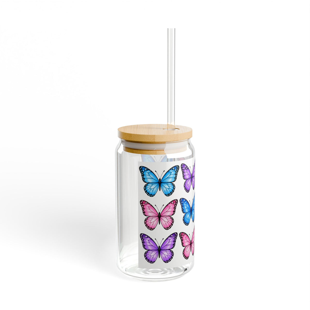 Butterfly Pattern Sipper Glass — 16oz Reusable Jar with Straw