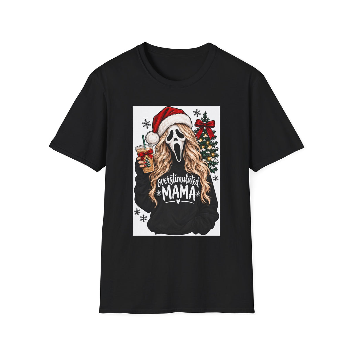 Scream Mask Christmas T-Shirt – "Overstimulated Mama" Holiday Tee