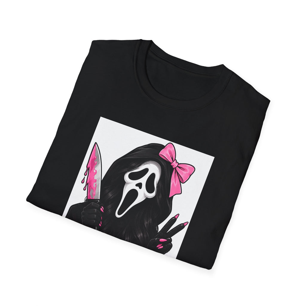 Scream Mask Girl T-Shirt — Pink Bow & Knife Horror Tee