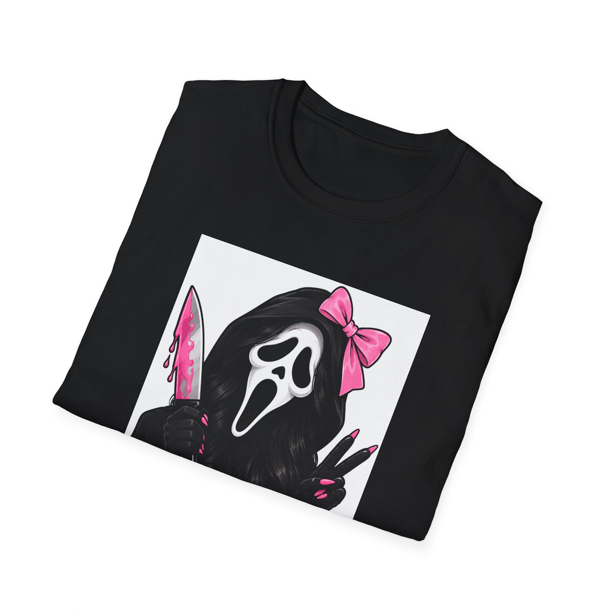 Scream Mask Girl T-Shirt — Pink Bow & Knife Horror Tee