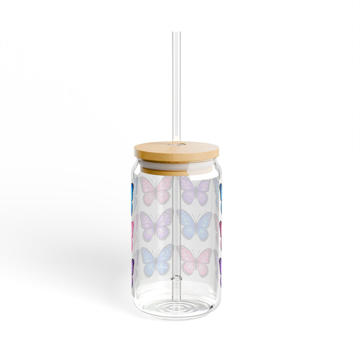 Butterfly Pattern Sipper Glass — 16oz Reusable Jar with Straw
