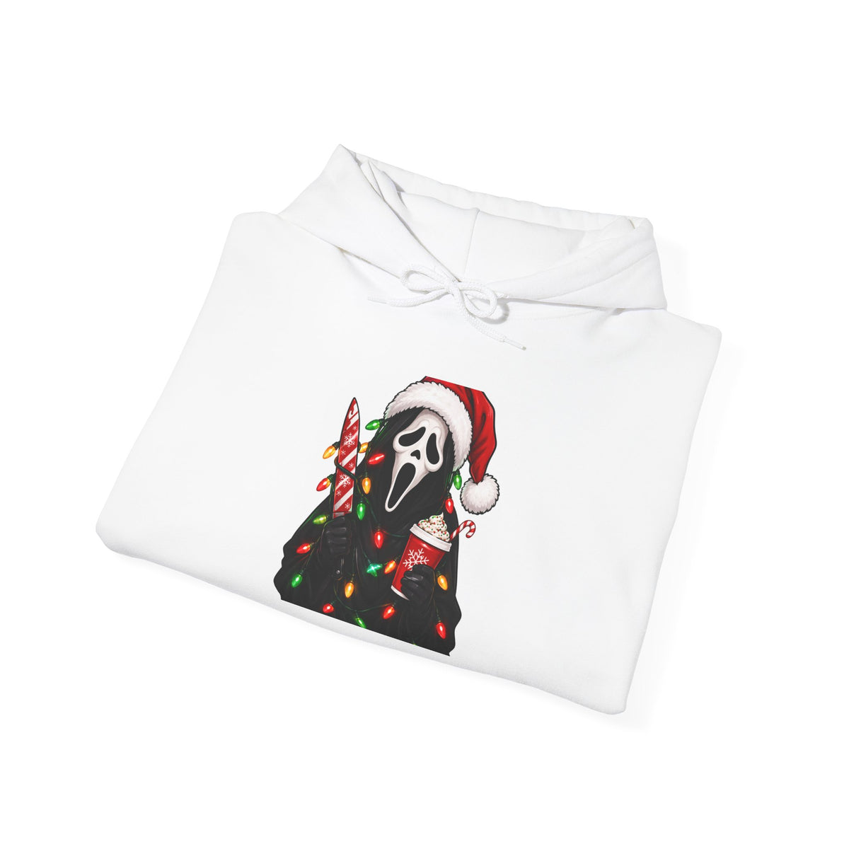 Christmas Scream Hoodie — Festive Ghostface with Santa Hat & Lights