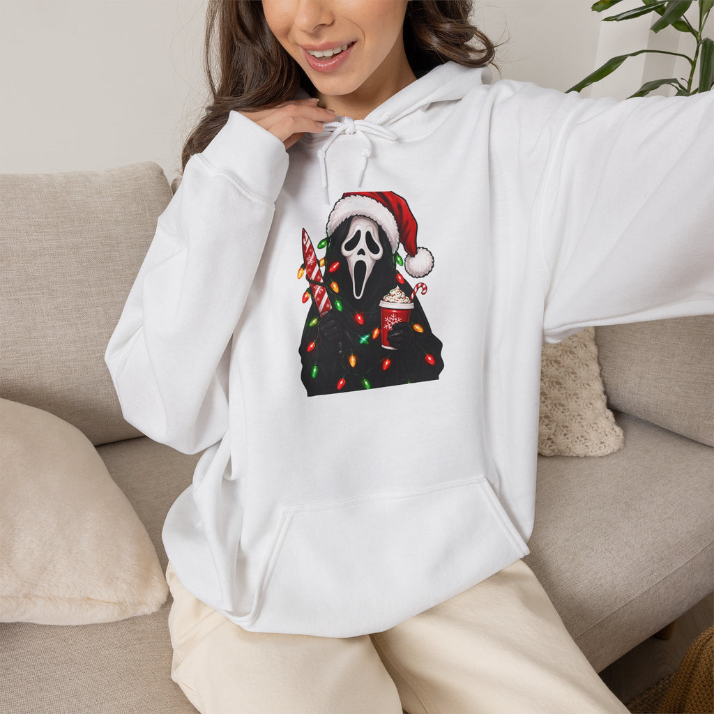 Christmas Scream Hoodie — Festive Ghostface with Santa Hat & Lights