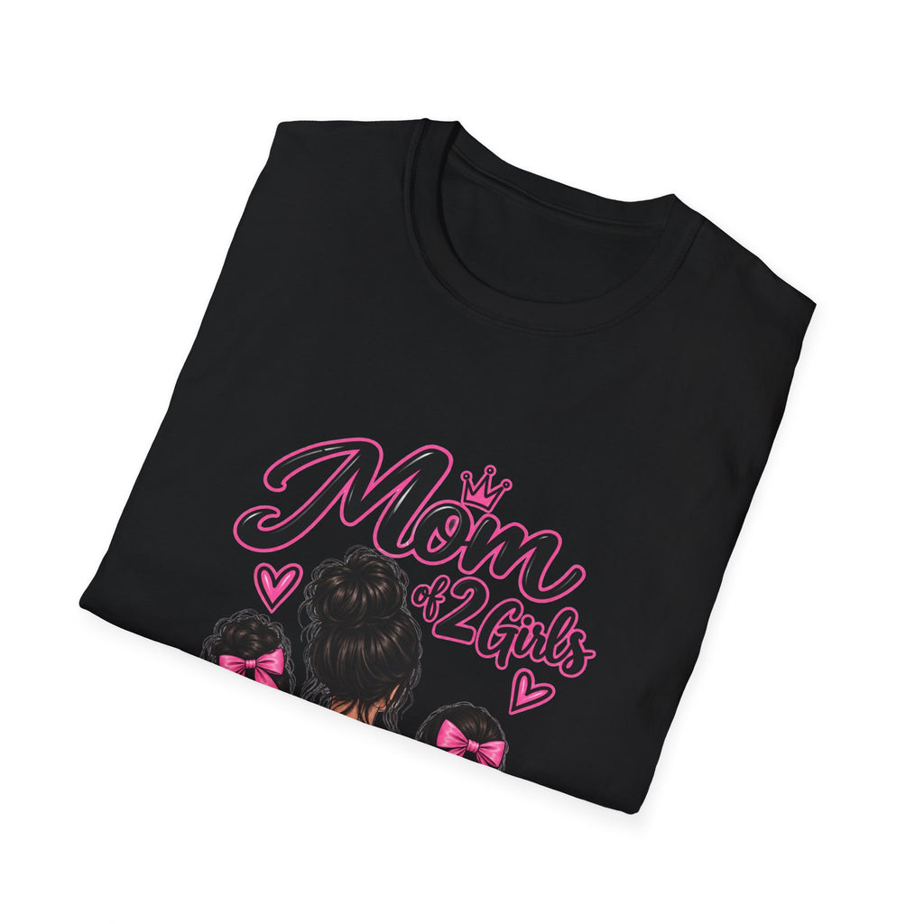 Mom of 2 Girls T-Shirt — Proud Mommy Graphic Tee with Daughter Silhouettes & Bows