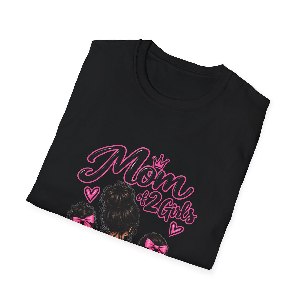 Mom of 2 Girls T-Shirt — Proud Mommy Graphic Tee with Daughter Silhouettes & Bows