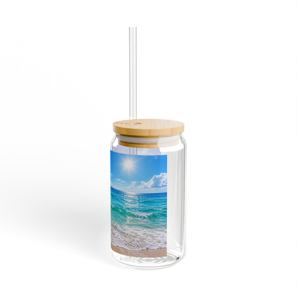16oz Beach Scene Sipper Glass with Bamboo Lid — Tropical Ocean Drink Tumbler