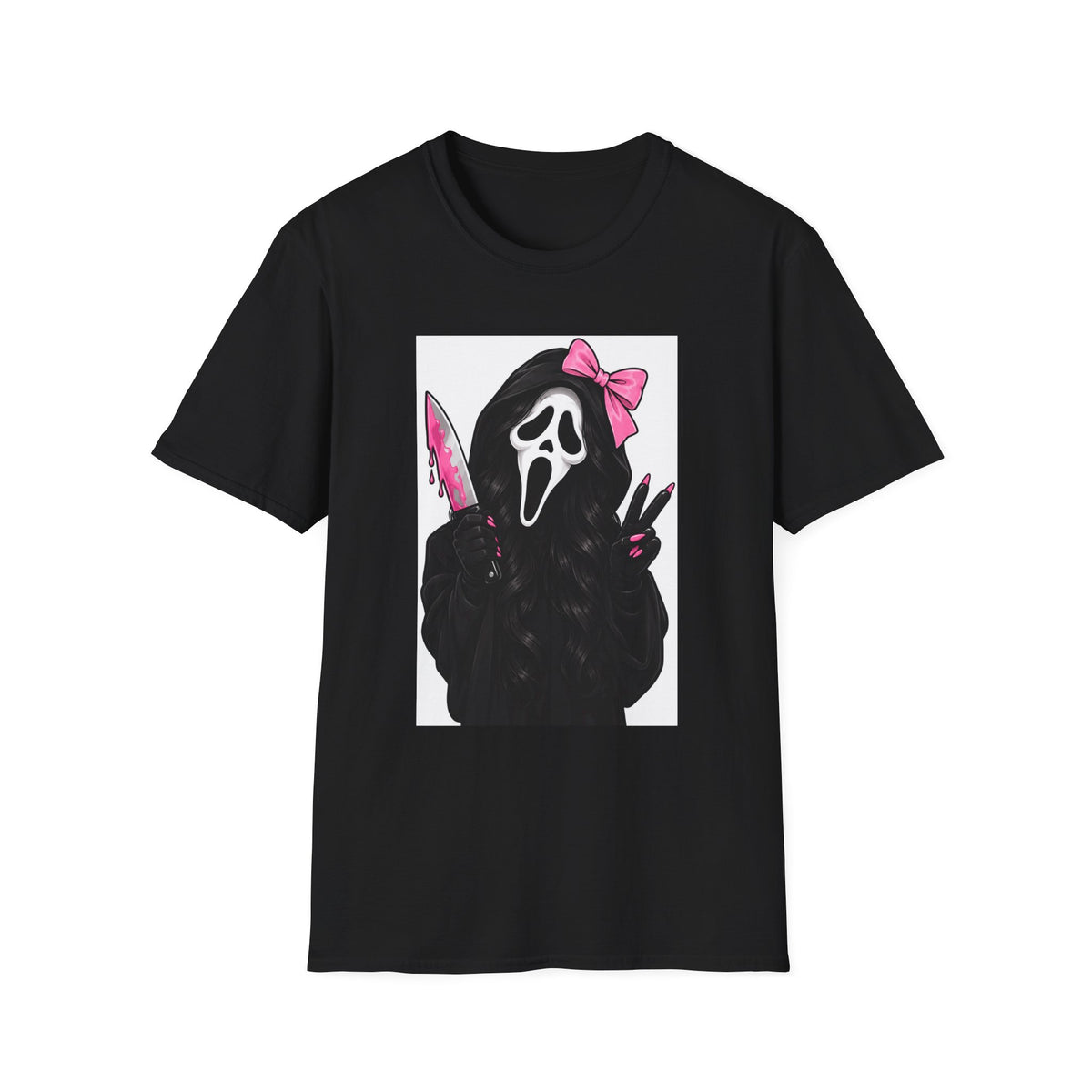 Scream Mask Girl T-Shirt — Pink Bow & Knife Horror Tee