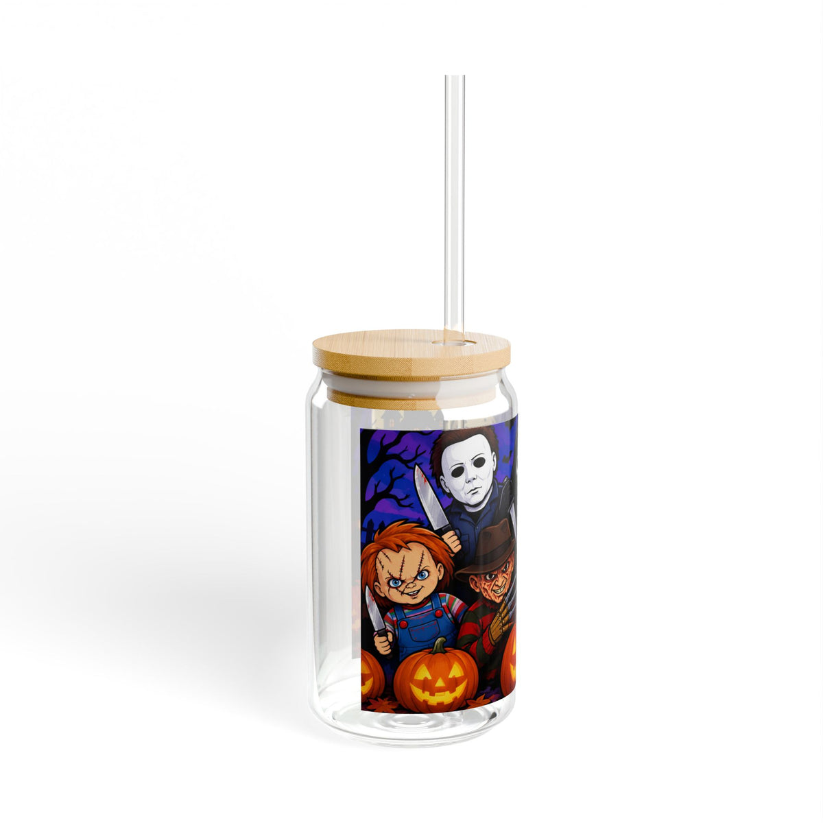 Halloween Horror Characters 16oz Sipper Glass – Michael Myers, Ghostface, Freddy, Pennywise & Chucky Design