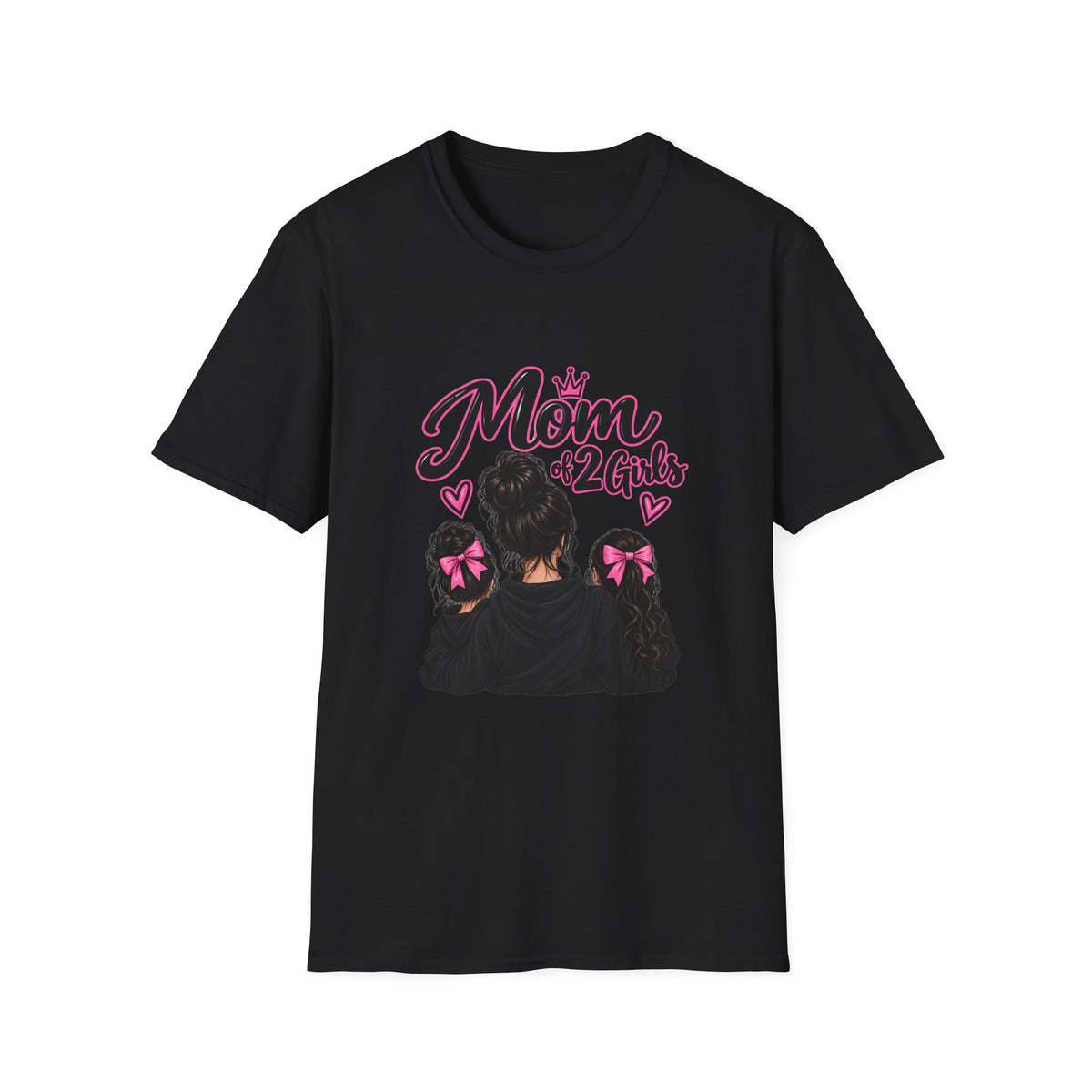 Mom of 2 Girls T-Shirt — Proud Mommy Graphic Tee with Daughter Silhouettes & Bows