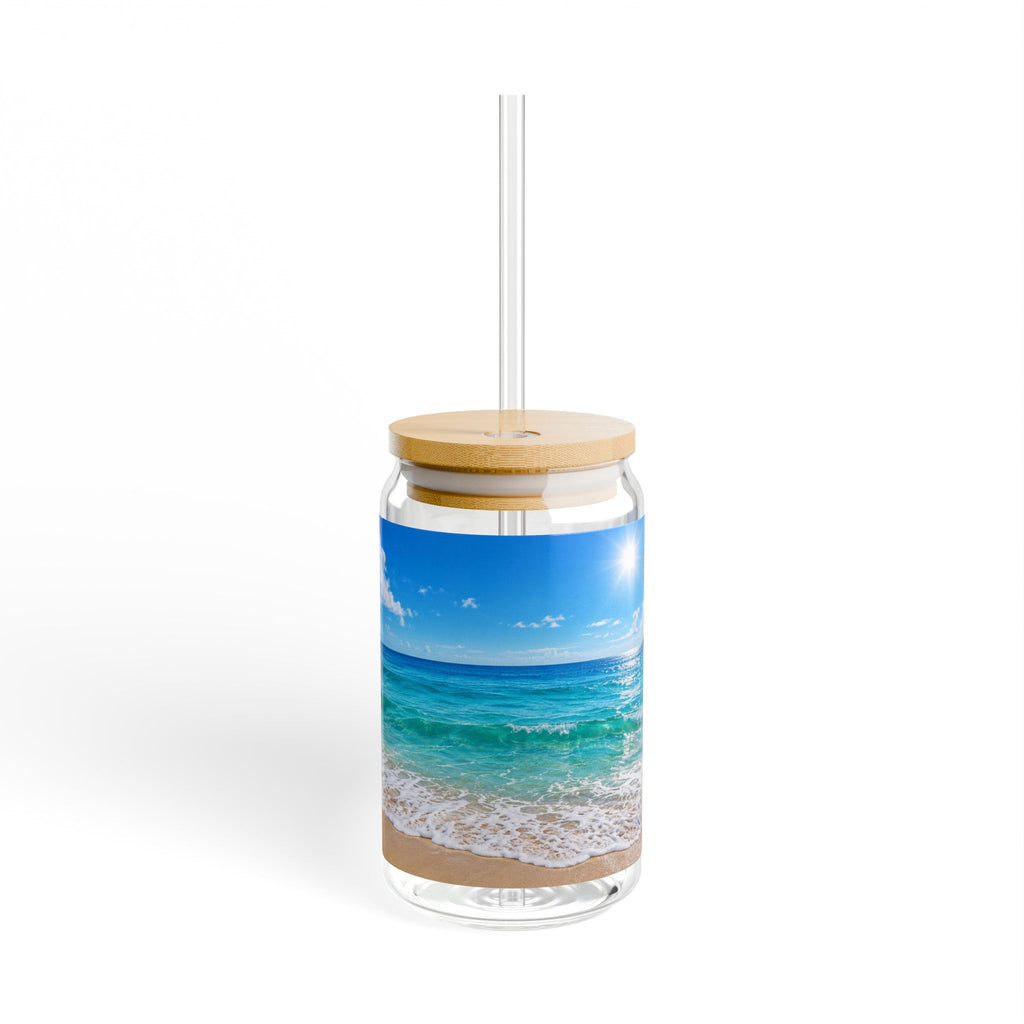 16oz Beach Scene Sipper Glass with Bamboo Lid — Tropical Ocean Drink Tumbler