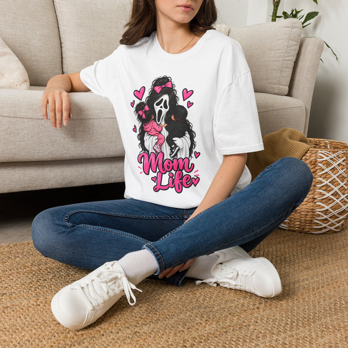 Mom Life Graphic Tee – Cute Scream Mask Mom Shirt with Pink Hearts