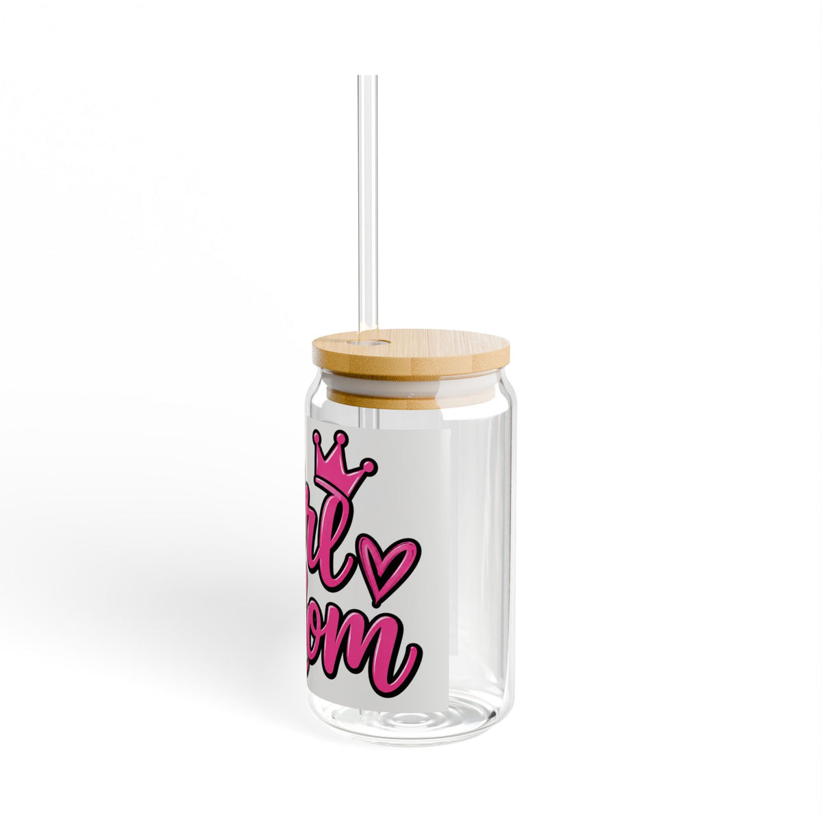 Girl Mom Sipper Glass - 16oz Clear Tumbler with Straw, Pink Script & Crown