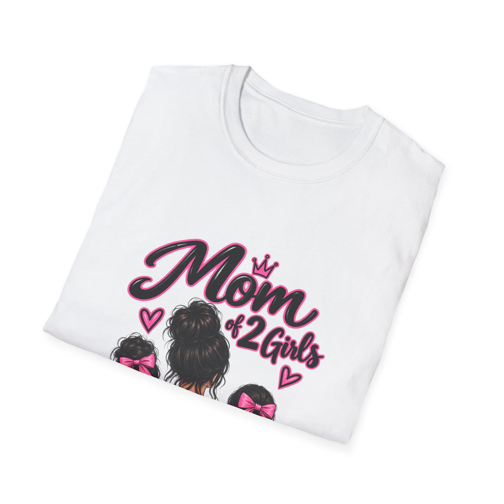 Mom of 2 Girls T-Shirt — Proud Mommy Graphic Tee with Daughter Silhouettes & Bows