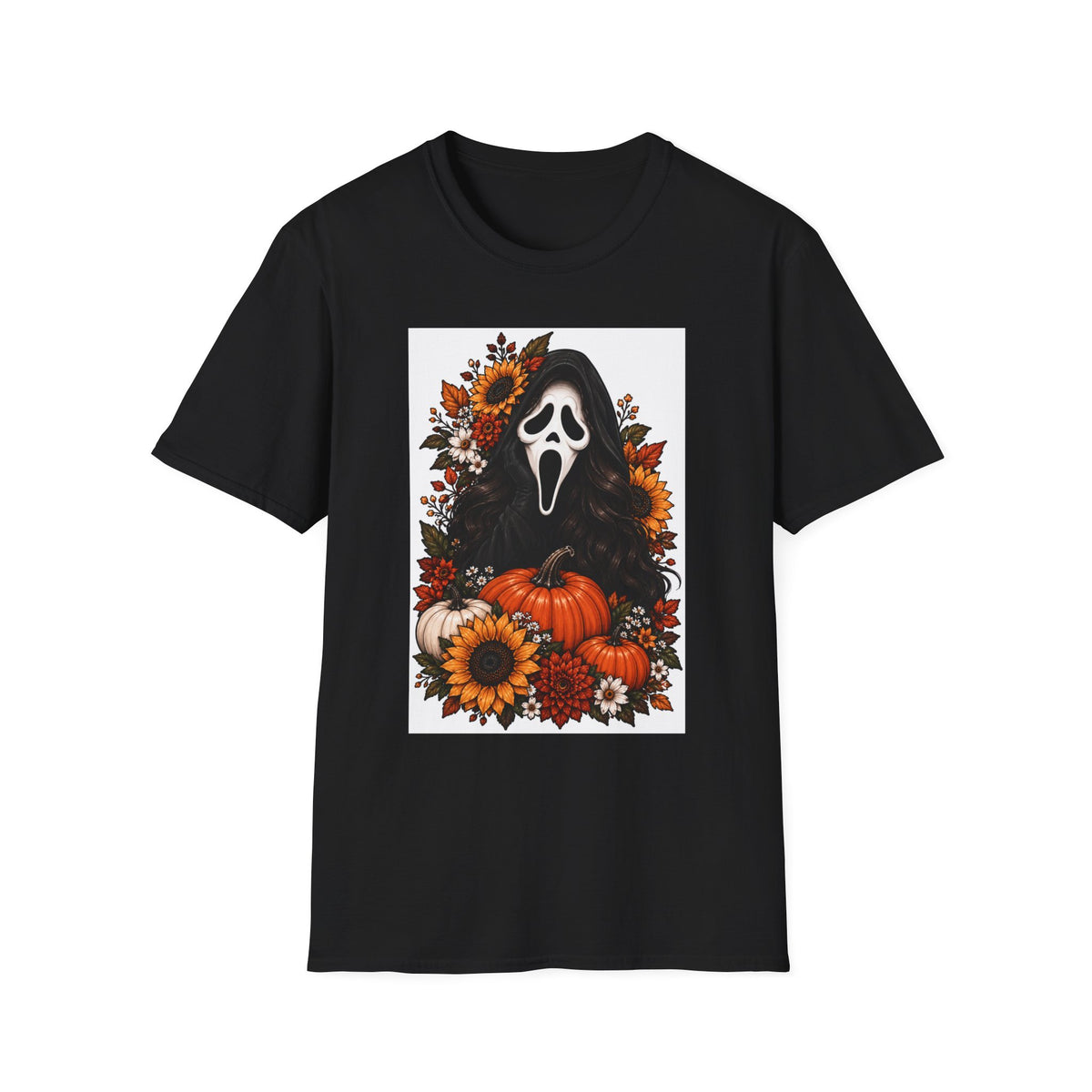 Halloween Ghostface Pumpkin T‑Shirt — Spooky Floral Fall Graphic Tee