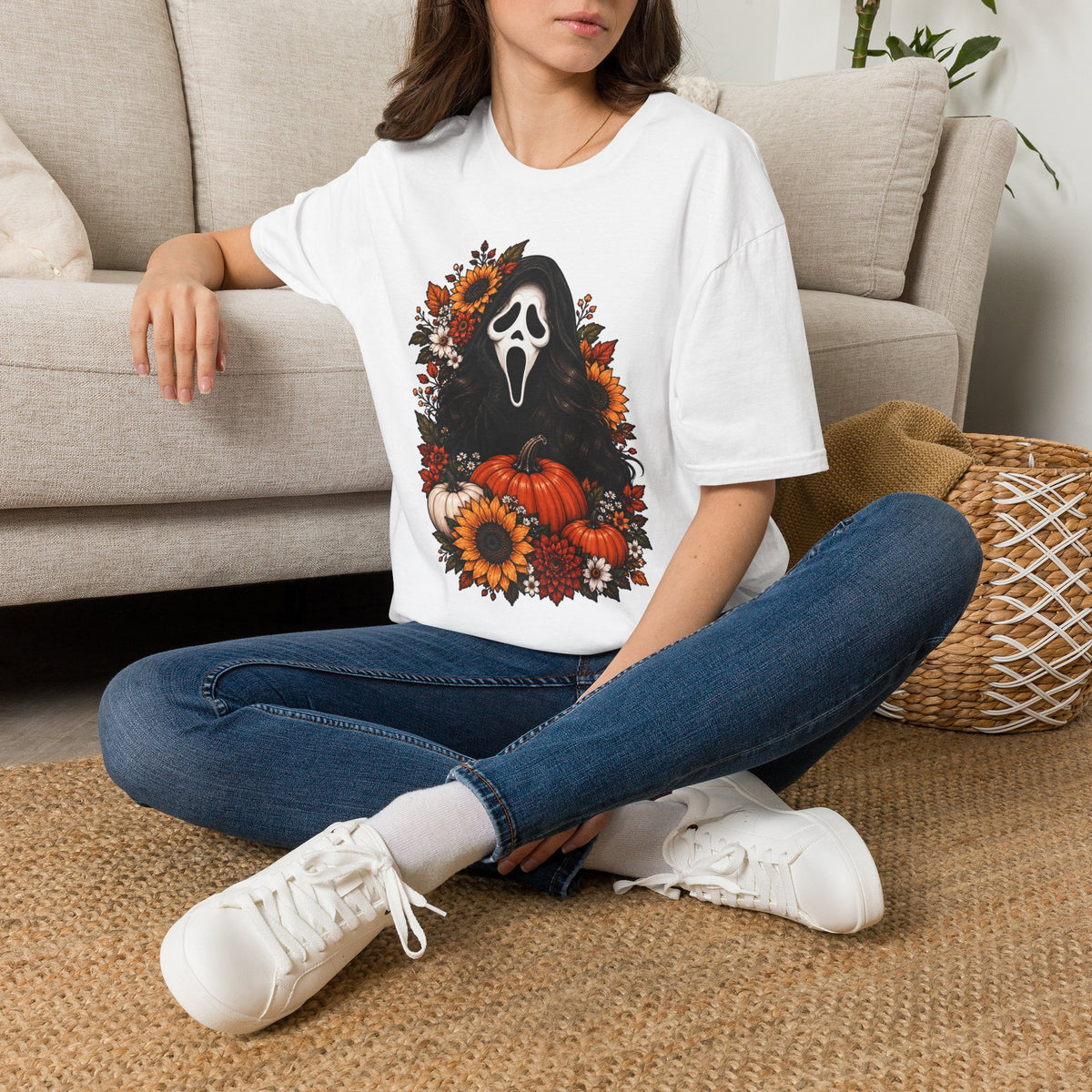 Halloween Ghostface Pumpkin T‑Shirt — Spooky Floral Fall Graphic Tee