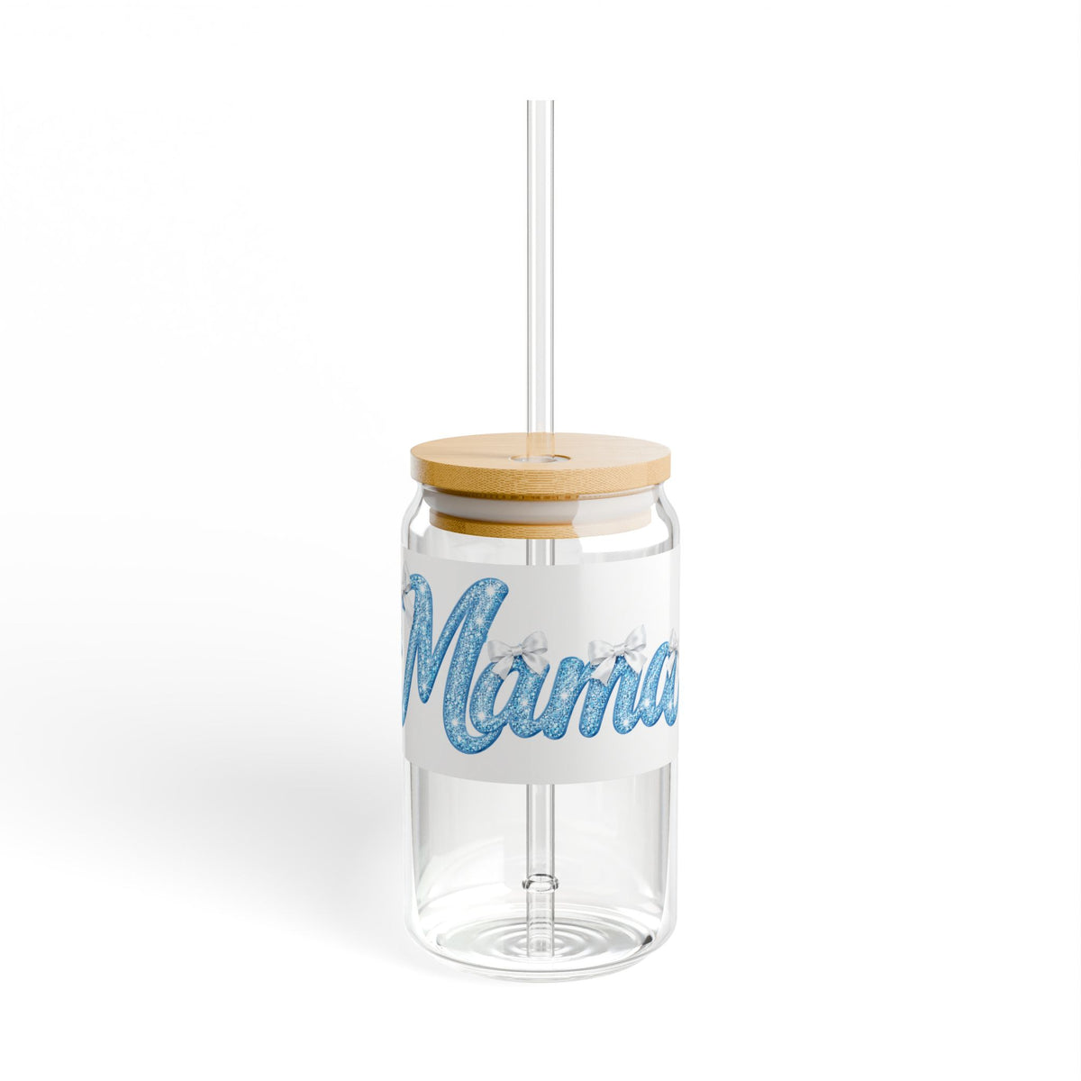 Mama 16oz Glass Sipper — Cute Blue Script Mama Drink Jar with Straw
