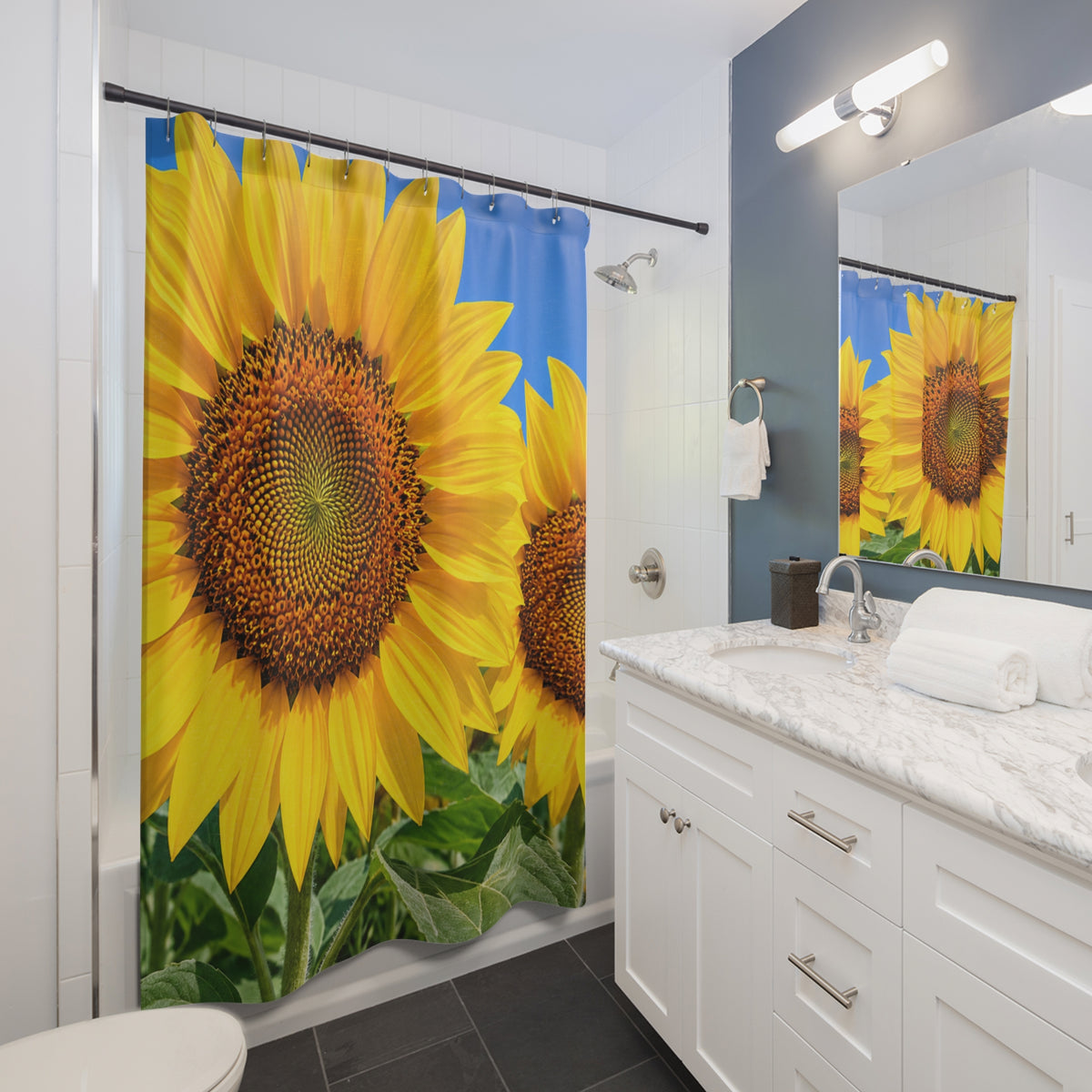 Sunflower Shower Curtain — Bright Yellow Floral Bathroom Decor