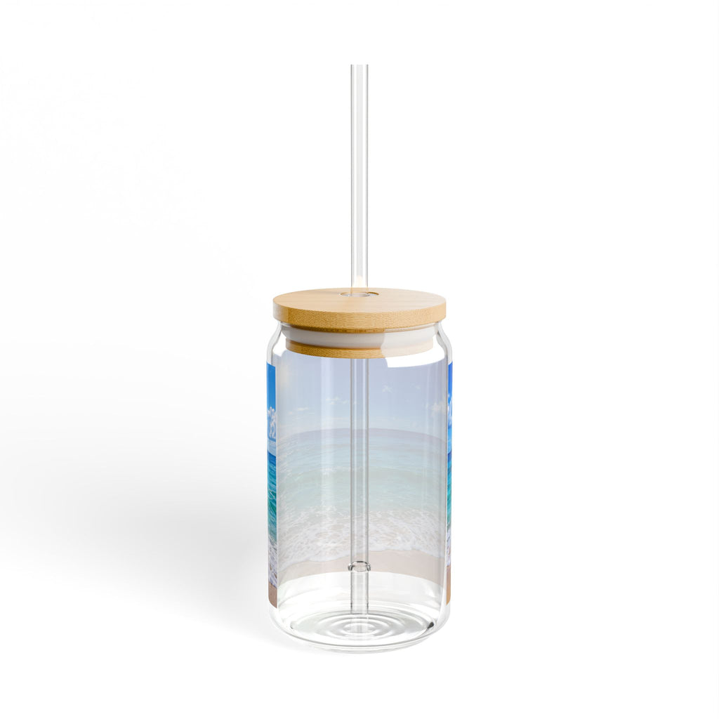 16oz Beach Scene Sipper Glass with Bamboo Lid — Tropical Ocean Drink Tumbler