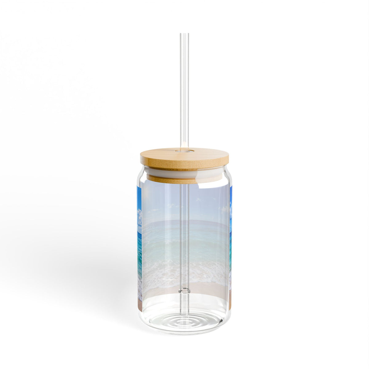 16oz Beach Scene Sipper Glass with Bamboo Lid — Tropical Ocean Drink Tumbler