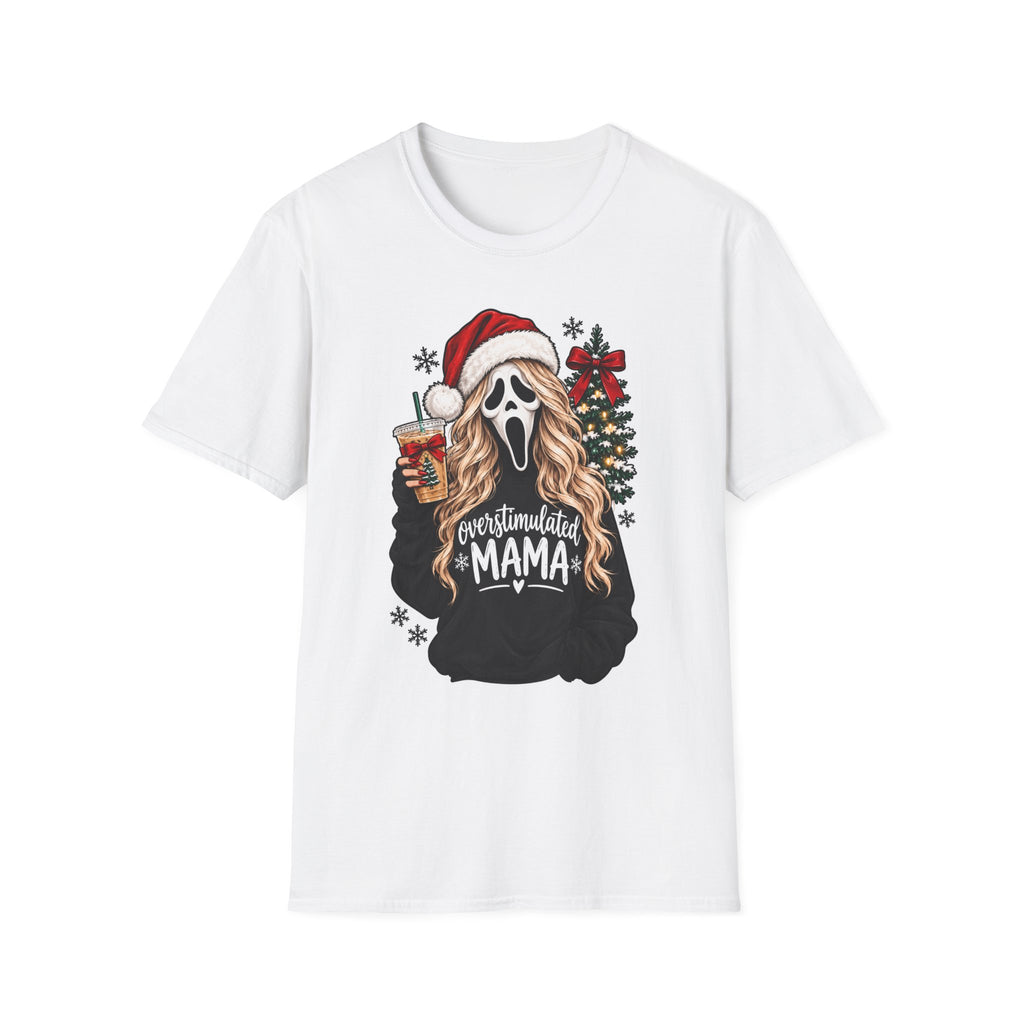 Scream Mask Christmas T-Shirt – "Overstimulated Mama" Holiday Tee