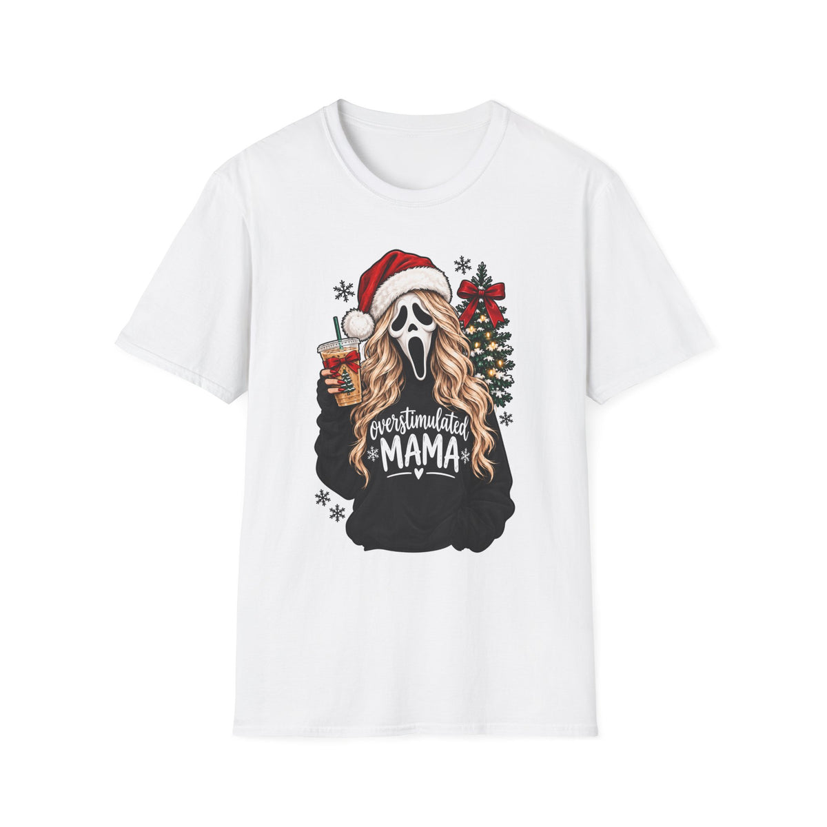 Scream Mask Christmas T-Shirt – "Overstimulated Mama" Holiday Tee