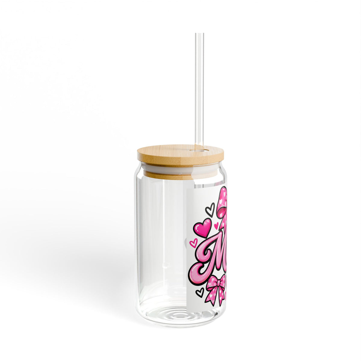 Mama Sipper Glass 16oz – Pink Hearts & Bows Drink Jar, Mother's Day Gift