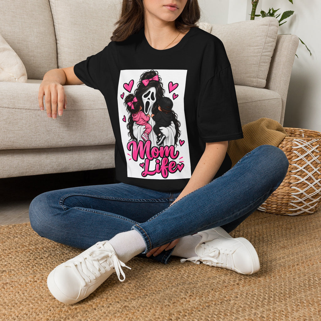 Mom Life Graphic Tee – Cute Scream Mask Mom Shirt with Pink Hearts