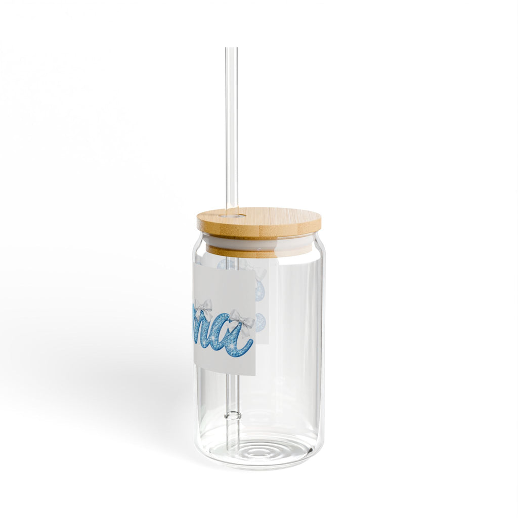 Mama 16oz Glass Sipper — Cute Blue Script Mama Drink Jar with Straw