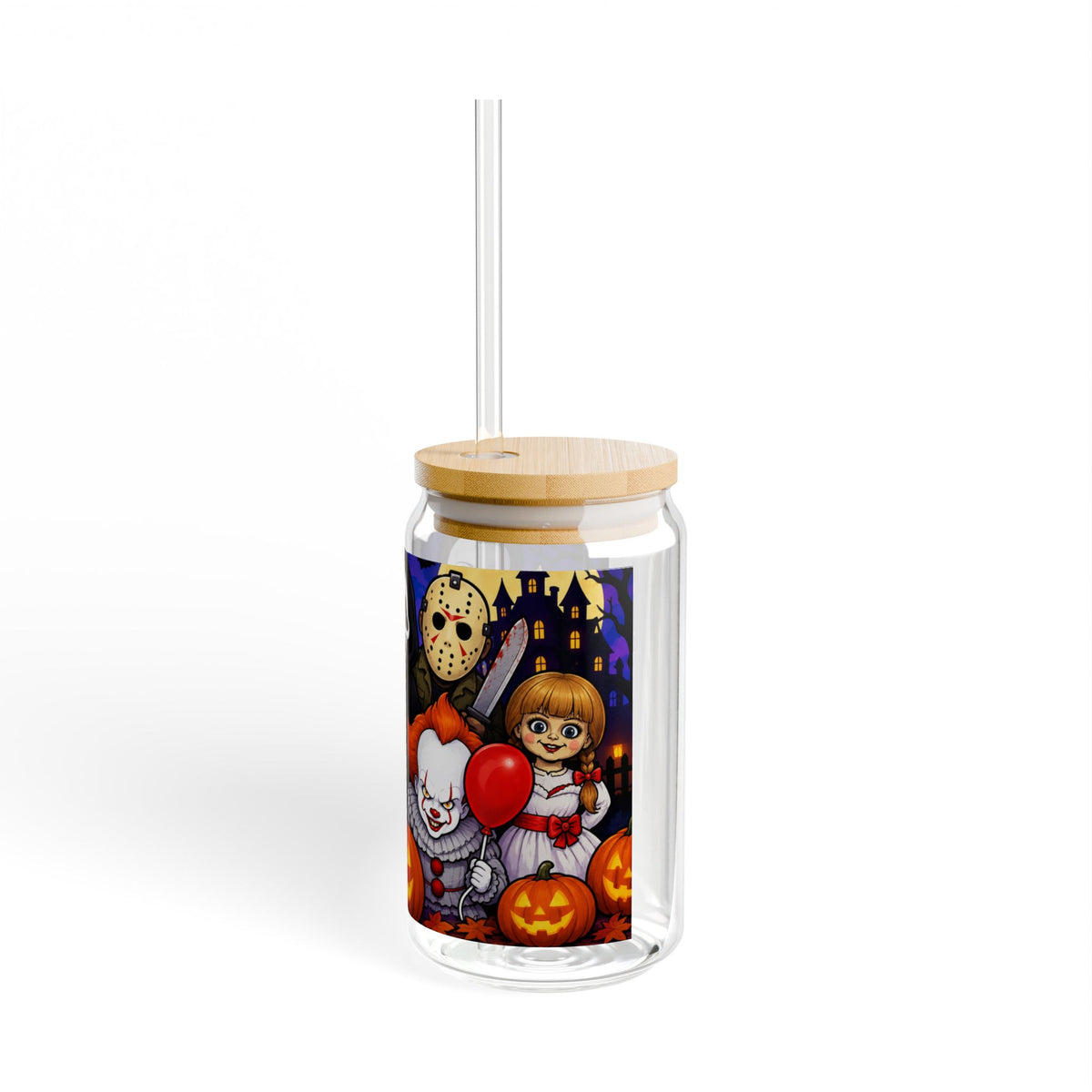 Halloween Horror Characters 16oz Sipper Glass – Michael Myers, Ghostface, Freddy, Pennywise & Chucky Design