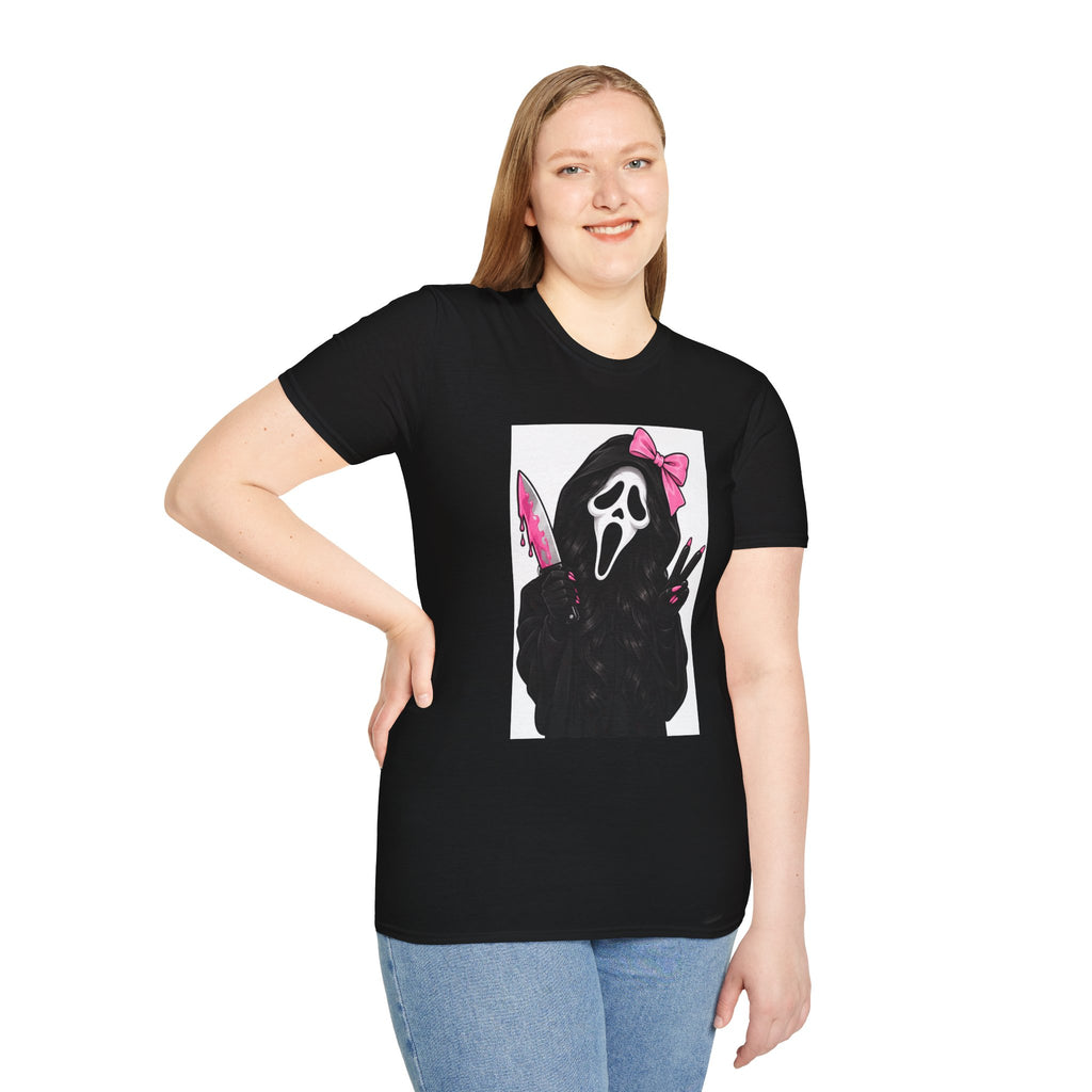 Scream Mask Girl T-Shirt — Pink Bow & Knife Horror Tee