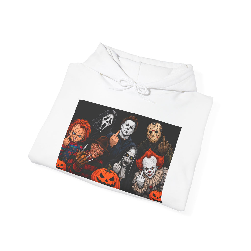 Horror Movie Villains Hoodie — Classic Slasher Characters with Jack-o'-Lanterns