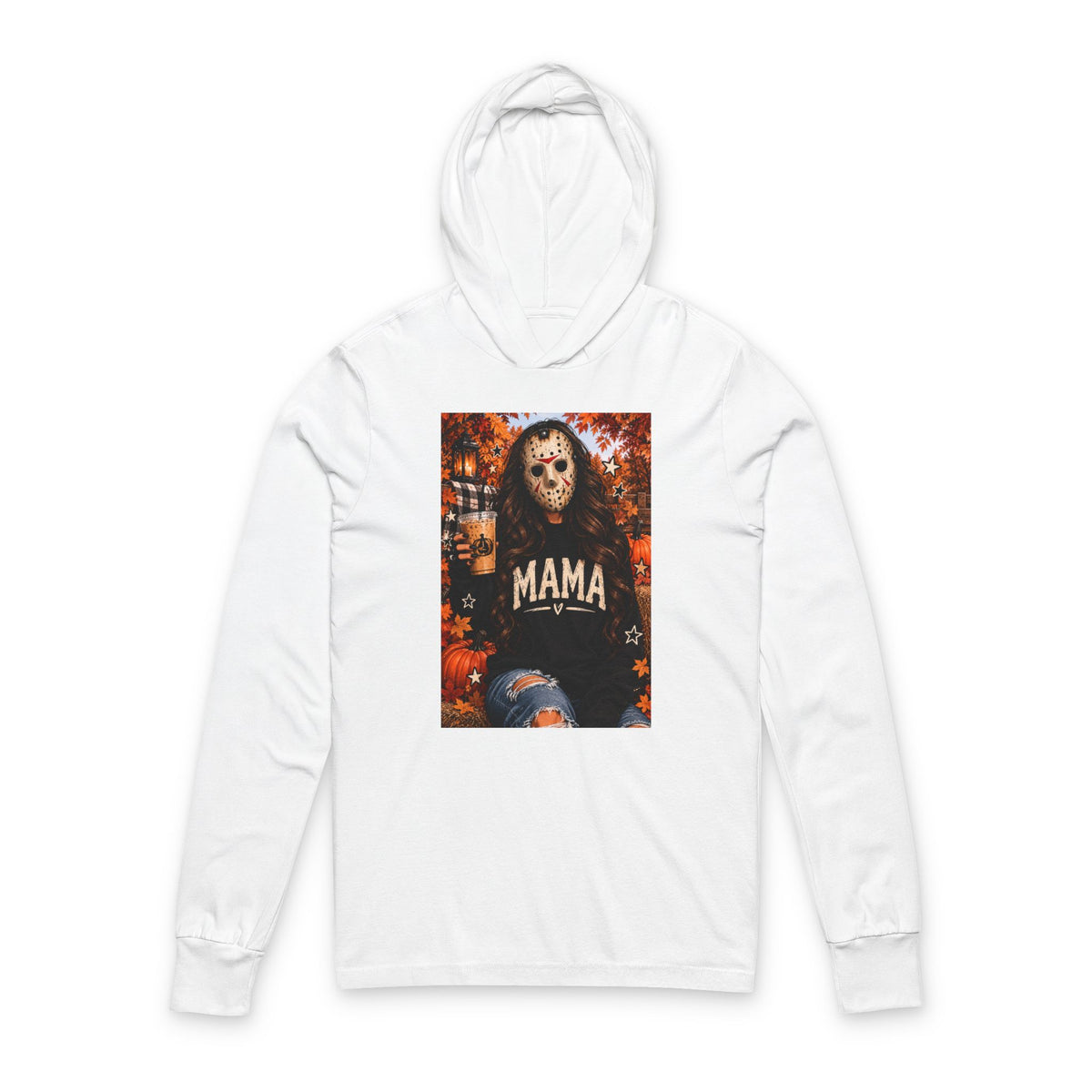 Mama Horror Mask Hoodie Tee — Halloween Mom Long-Sleeve Hooded Shirt