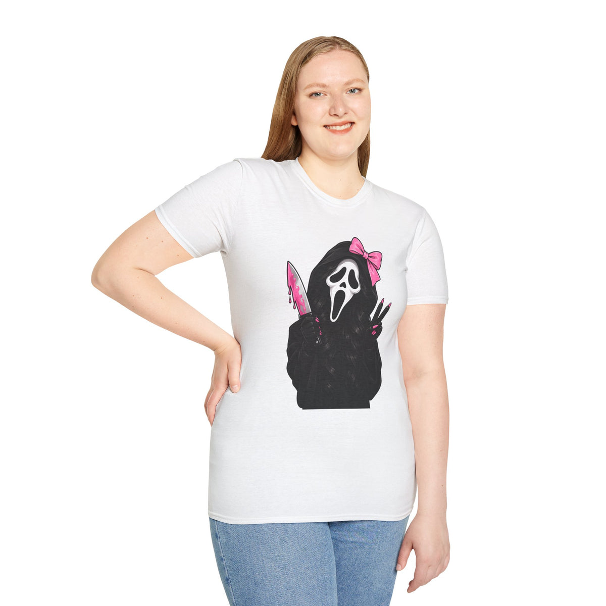Scream Mask Girl T-Shirt — Pink Bow & Knife Horror Tee