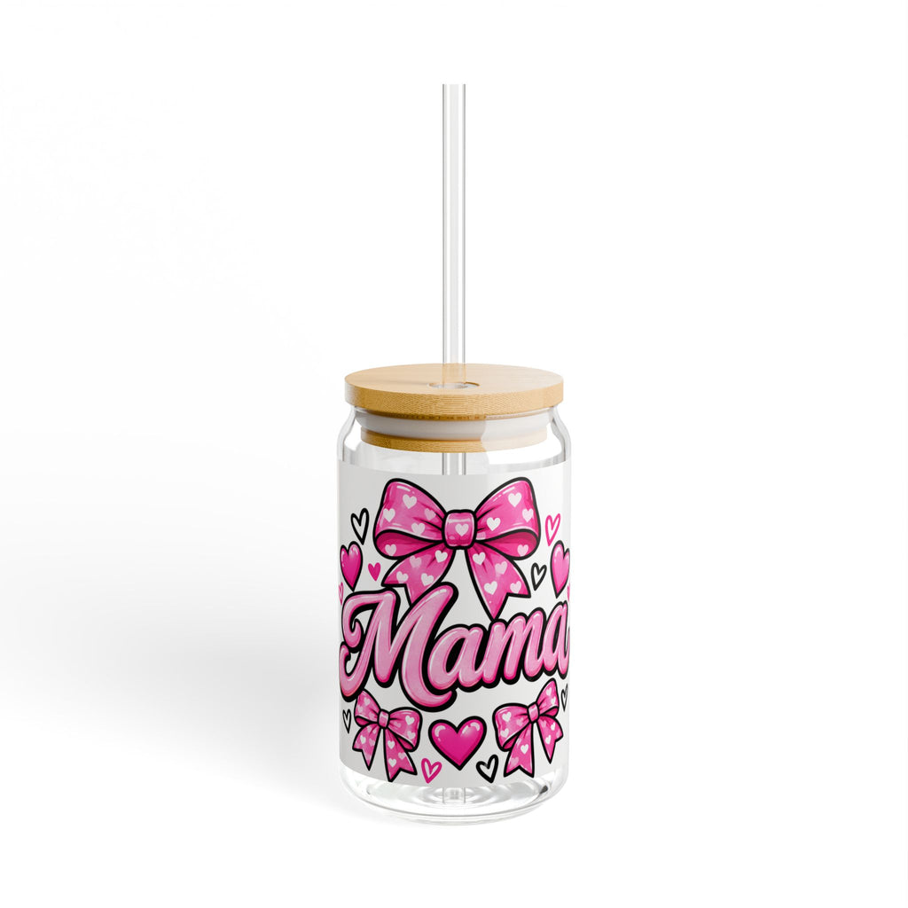 Mama Sipper Glass 16oz – Pink Hearts & Bows Drink Jar, Mother's Day Gift