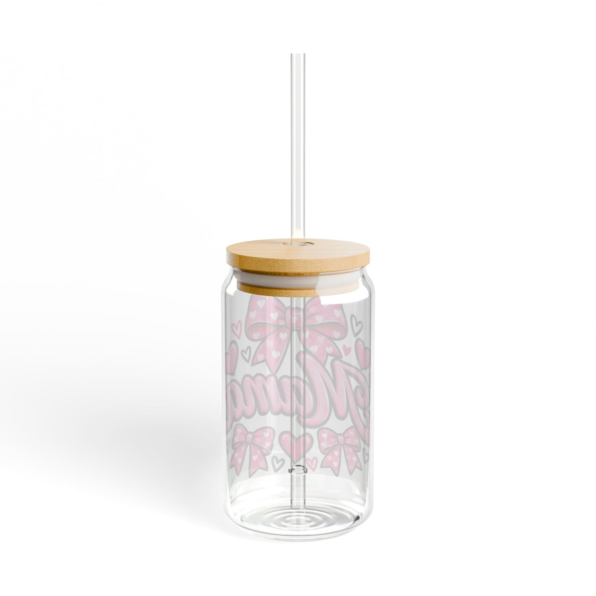 Mama Sipper Glass 16oz – Pink Hearts & Bows Drink Jar, Mother's Day Gift
