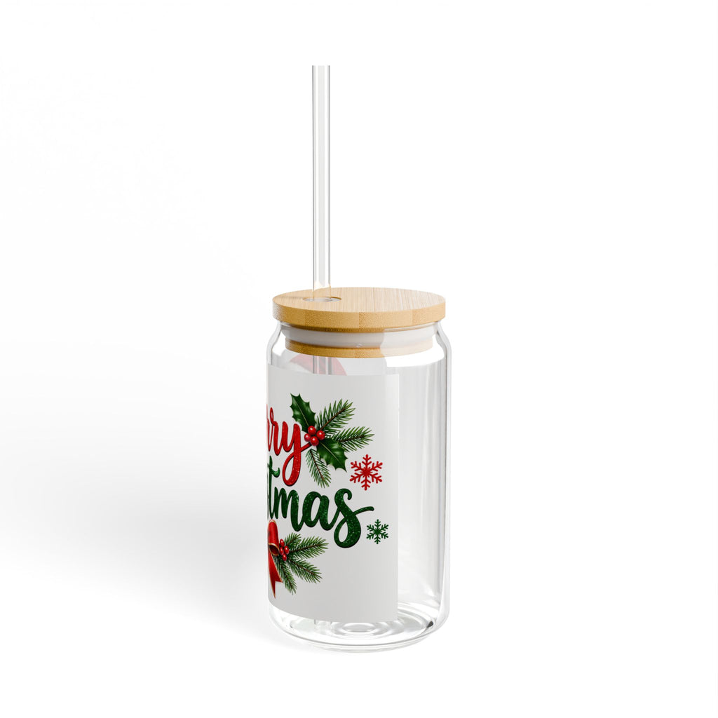 Christmas Sipper Glass 16oz – "Merry Christmas" Holiday Drink Jar with Straw