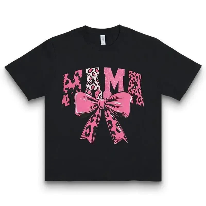 Cotton Pink Leopard Mama Bow T-Shirt