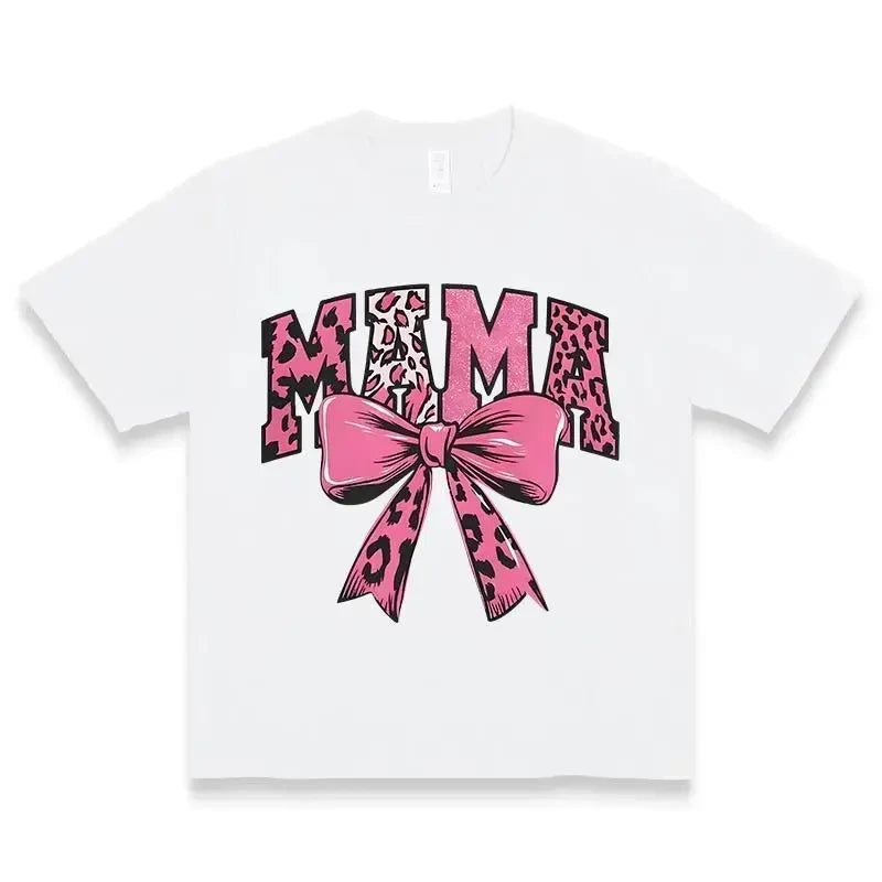 Cotton Pink Leopard Mama Bow T-Shirt
