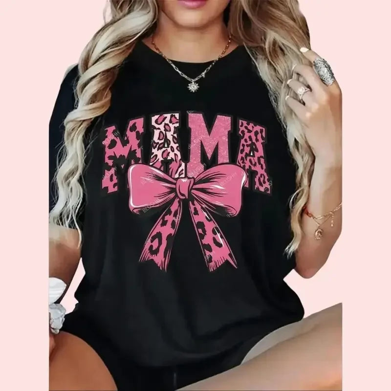 Cotton Pink Leopard Mama Bow T-Shirt