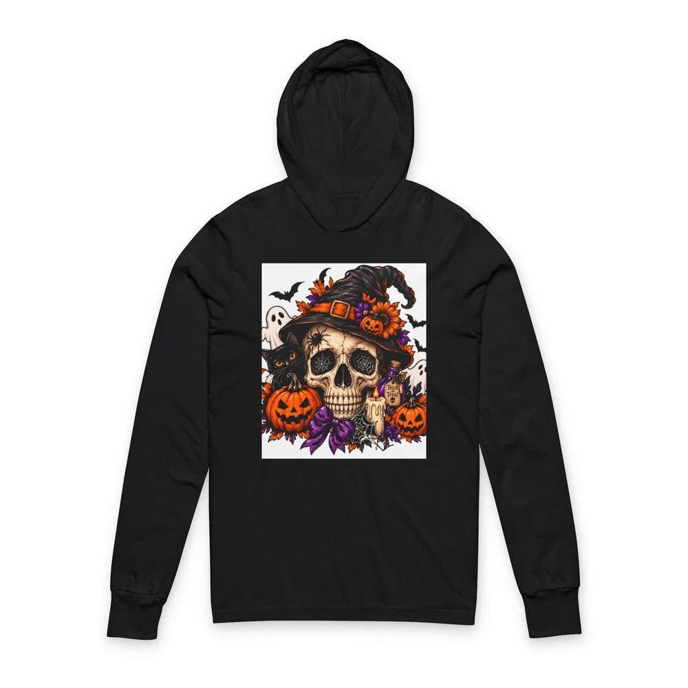 Halloween Skull Hoodie Long Sleeve Tee — Pumpkin Witch Hat Graphic