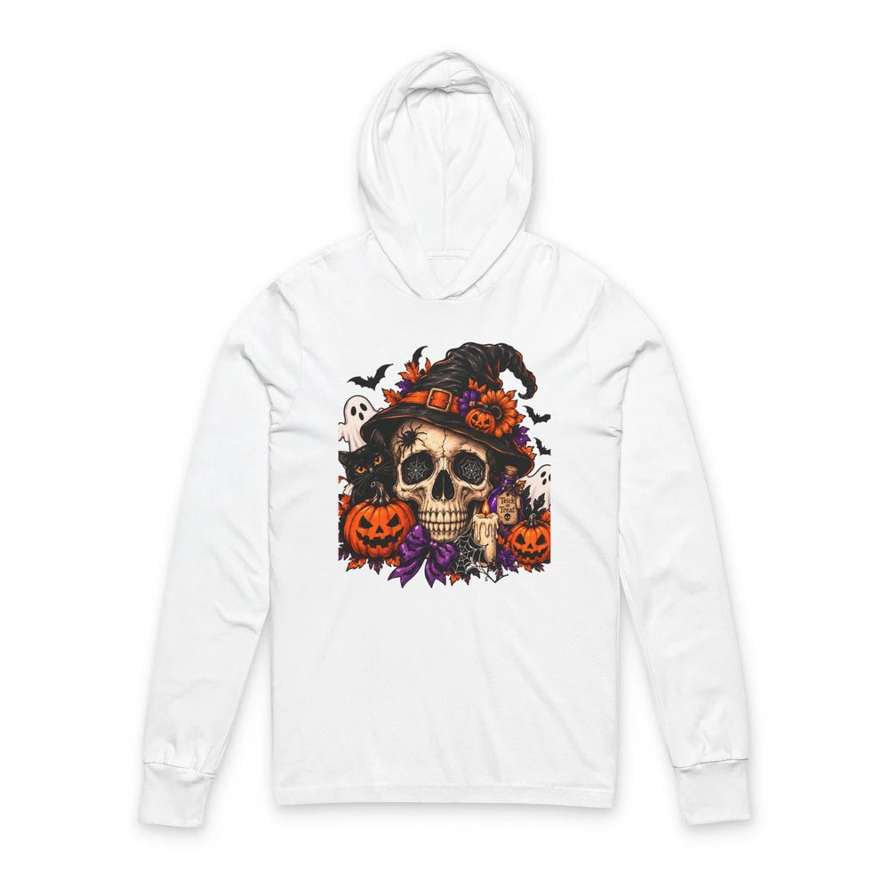 Halloween Skull Hoodie Long Sleeve Tee — Pumpkin Witch Hat Graphic