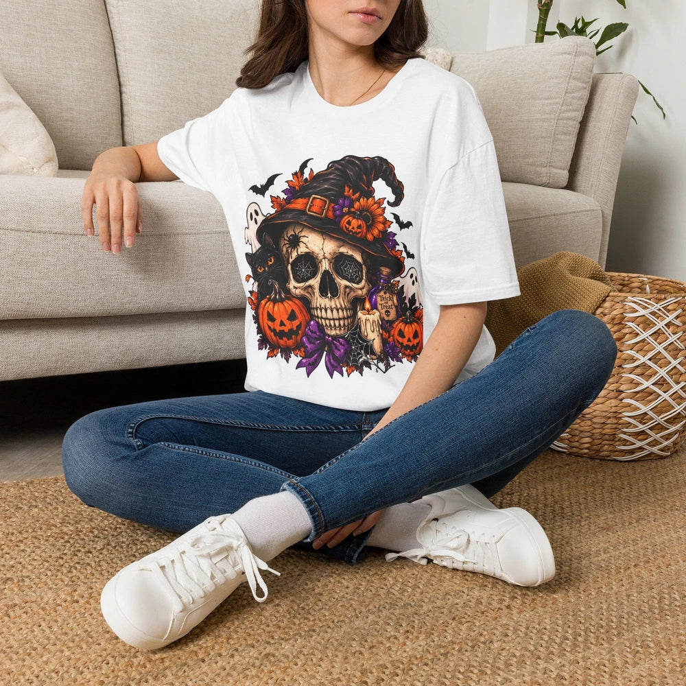 Halloween Skull T-Shirt — Witch Hat, Pumpkins & Ghosts Graphic Tee