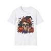 Halloween Skull T-Shirt — Witch Hat, Pumpkins & Ghosts Graphic Tee