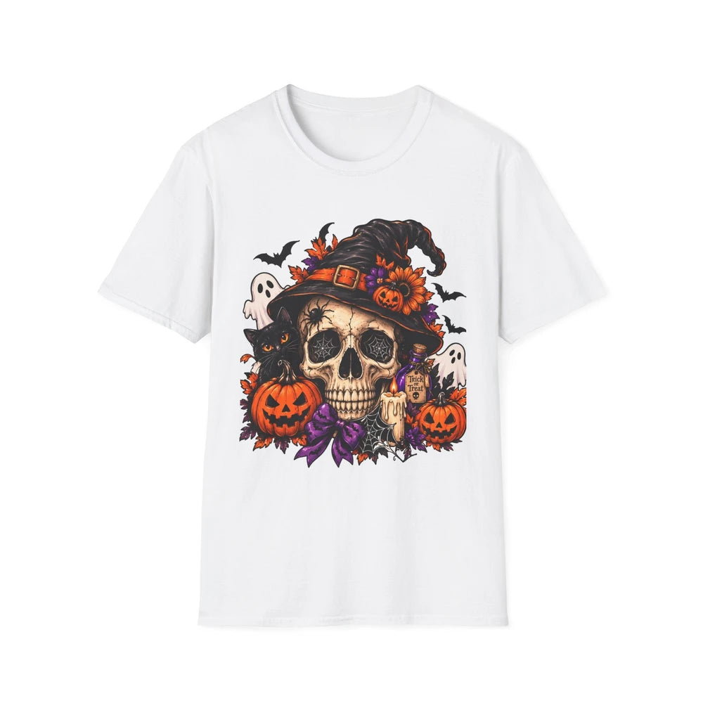 Halloween Skull T-Shirt — Witch Hat, Pumpkins & Ghosts Graphic Tee
