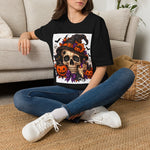 Halloween Skull T-Shirt — Witch Hat, Pumpkins & Ghosts Graphic Tee