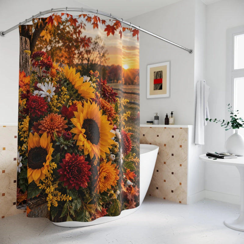 Autumn Sunrise Sunflower Shower Curtain — Fall Floral Bathroom Decor