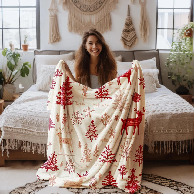 Festive Reindeer Sherpa Holiday Blanket