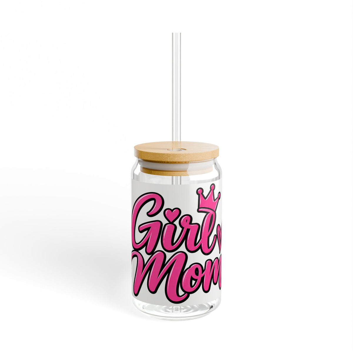 Girl Mom Sipper Glass - 16oz Clear Tumbler with Straw, Pink Script & Crown