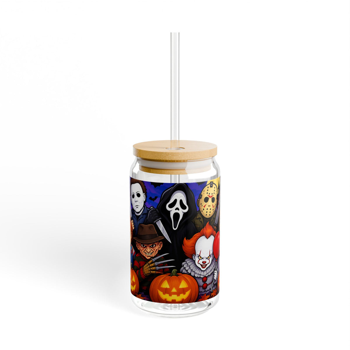 Halloween Horror Characters 16oz Sipper Glass – Michael Myers, Ghostface, Freddy, Pennywise & Chucky Design