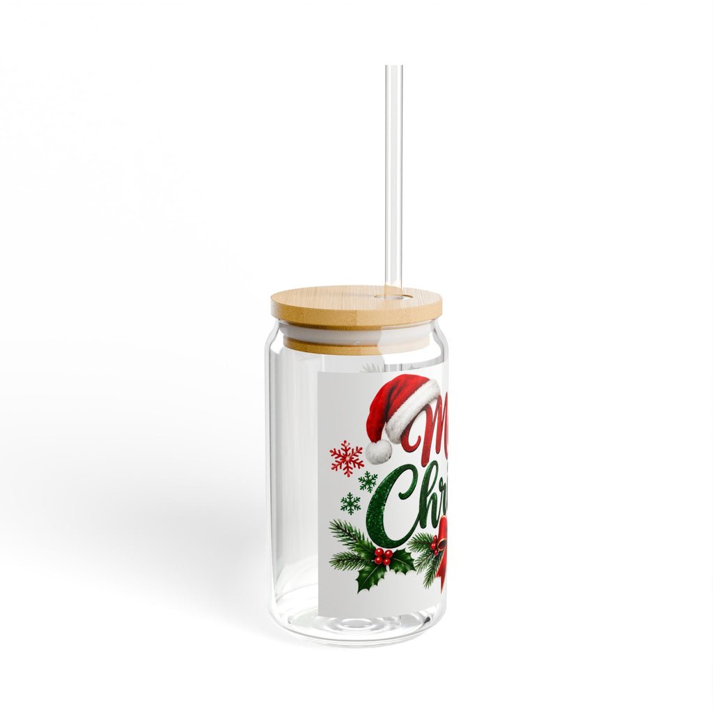 Christmas Sipper Glass 16oz – "Merry Christmas" Holiday Drink Jar with Straw